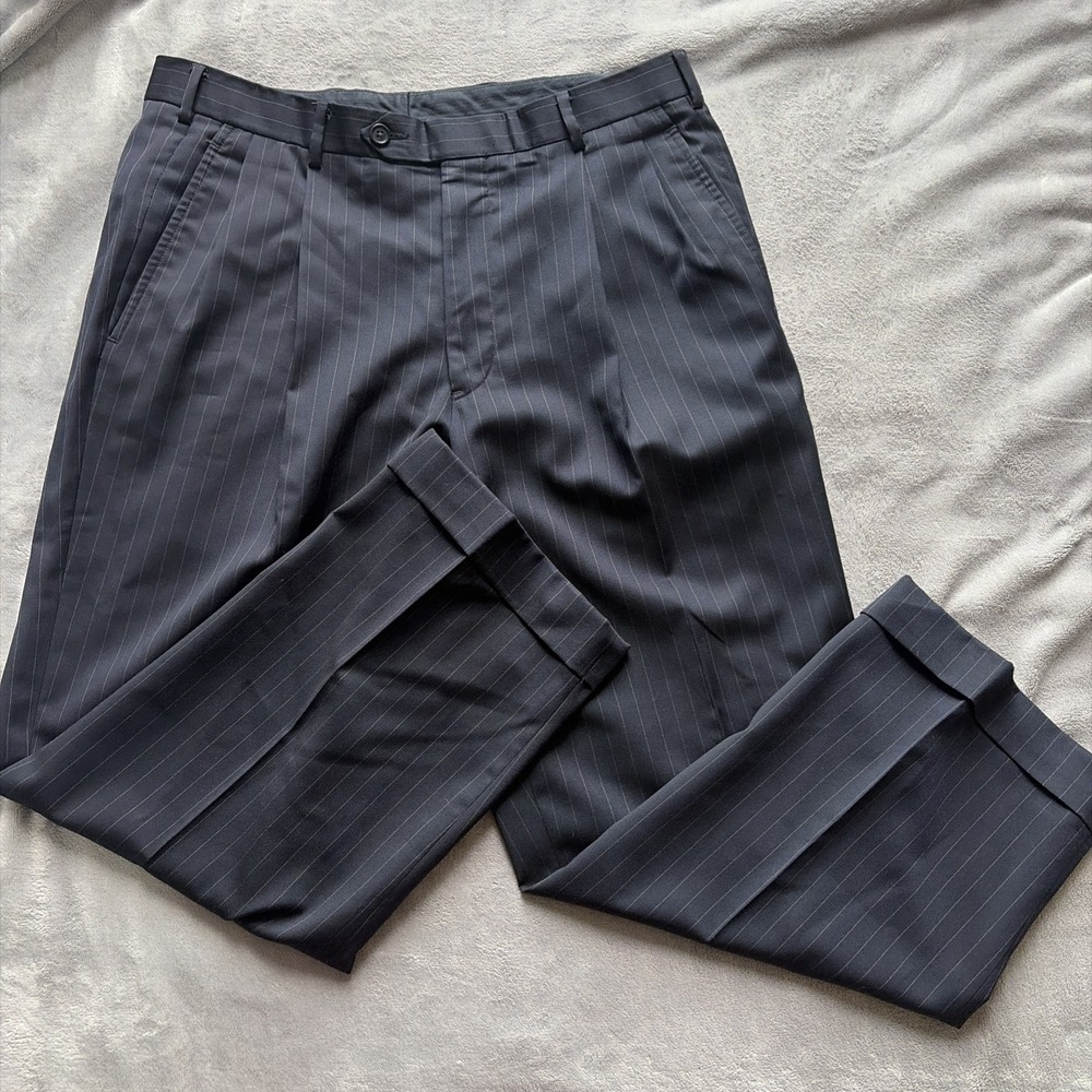 Brooks Brothers Mens Navy Pinstripe Pleated Wool Trousers Dress Pants 34x26 USA